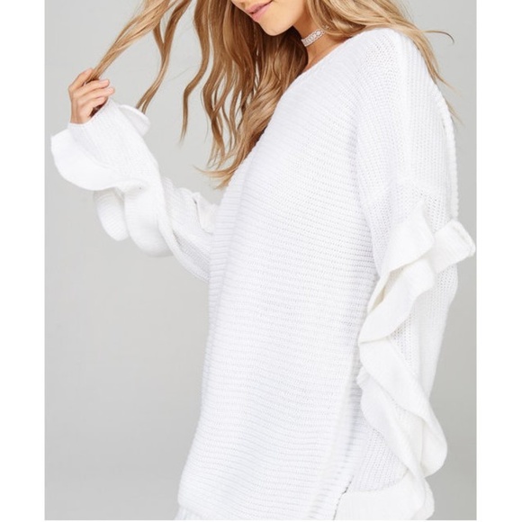 White Ruffle Sleeve Ribbed Sweater Pullover - Picture 7 of 8
